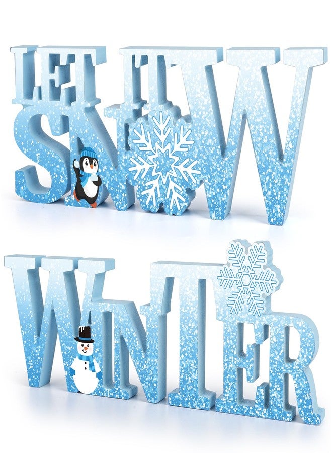 COCHIE Wooden Winter Let It Snow Sign, Snowflake Winter Decorations for Home, Office, Shelf, Mantel, Indoor, Blue White Wood Table Top Party Decor (Blue) - Image 1